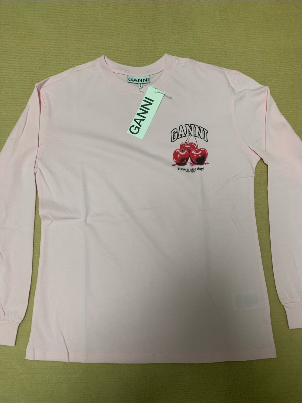 Baby Pink Long Sleeve Top Cherry Graphic Print Have a Nice Day Crewneck Tee